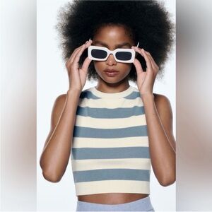 ZARA Blue & White Striped Knit Sleeveless Crop Top